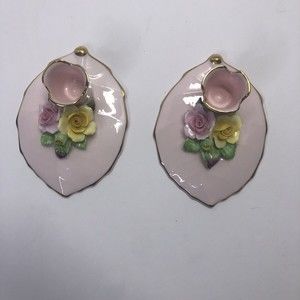 Vintage Denton Hand Modelled Best Bone China Candle Holders Pink w/Flowers